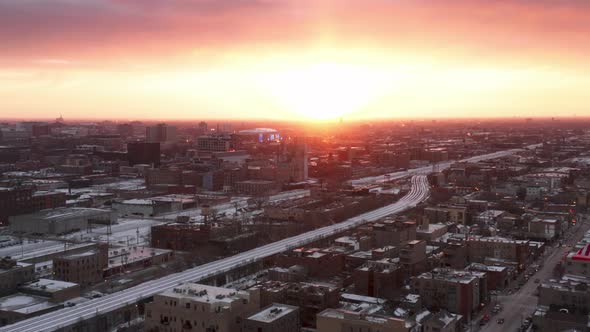 Establishing b Roll Shot of Small Suburban American City at Scenic Golden Sunset alt