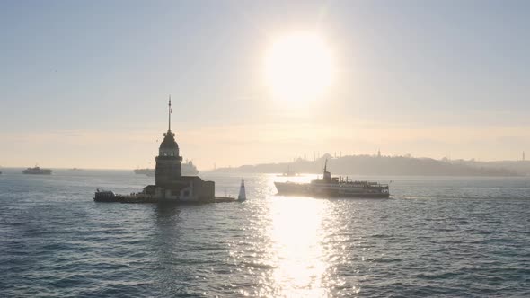 Istanbul Maidens Tower And Ferryboat Aerial View alt