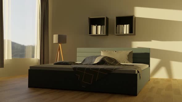 Spacious Bedroom With Unmade And Rumpled Bed In The Morning Light