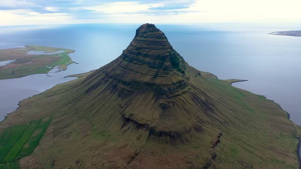 Flying Above Kirkjufell Mountain in Iceland alt
