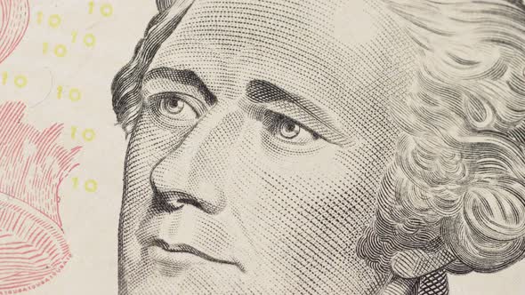 Zooming in Effect To President Hamilton Face on 10 Dollar Bill