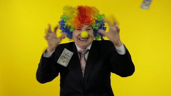 Elderly Clown Businesswoman Freelancer Dancing, Celebrate, Receive Money Cash alt