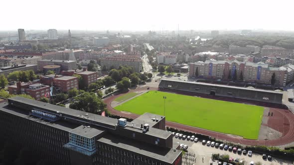 Areal view of Athletics field in Malmö, Sweden on summer day alt