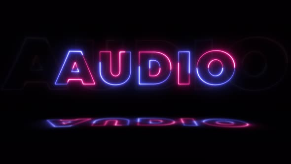 Neon glowing word 'AUDIO' on a black background with reflections on a floor alt
