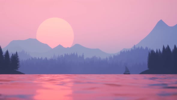 Small sailboat timelapse during the sunset. Pink sky and big sun in background alt