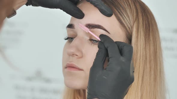 Create Permanent Eyebrow Makeup. Combing Eyebrows After Dyeing. alt