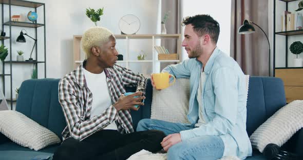Mixed Race Gay Couple which Drinking Tea at Home During Pleasant Joint Conversation alt