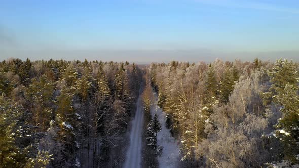 Beautiful Aerial View of the County Road in the Frozen Snowy Fairy Forest Sunny Weather