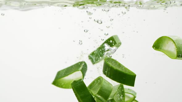 Slow Motion of Aloe Vera Plant Slices Falling Into Water and Splashing alt