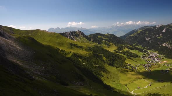 Panorama wide angle view of Malbun Valley in the Principality of Liechtenstein. Alpstein range in th alt