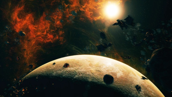 Flying Through Asteroids with Big Planet to Space Nebula and Star ...