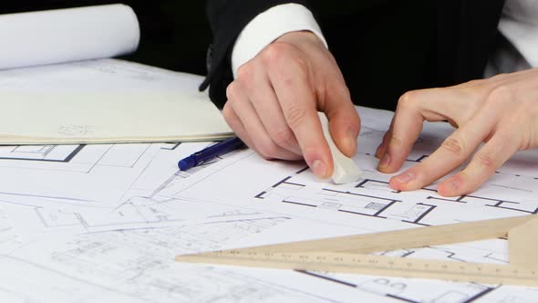 Builder Sits at the Table and Analyzes the Drawing of the New Store. Close Up alt
