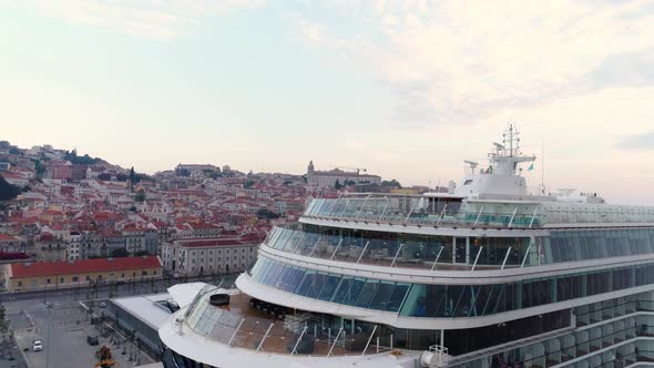 Aerial Footage Cruise Ship Anchoring in Lisbon Port