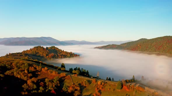 Thick Layer of Fog Covering Mountains with Colorful Trees alt
