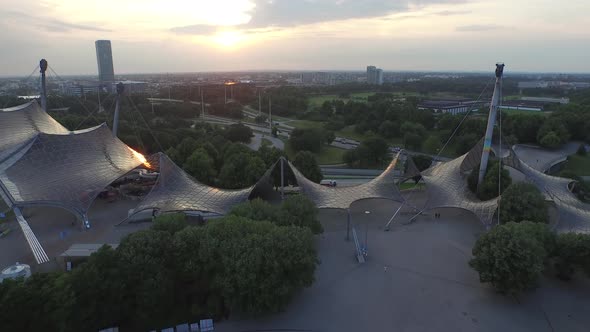 Aerial view of Olympiapark at sunset