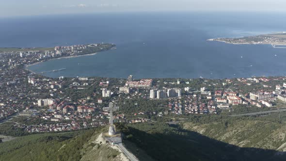 Panorama View Picturesque Monastery Architecture Cross on Top of High Mountain Sea Landscape alt