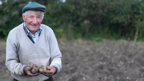 Old Farmer Holding Potatoes in His Hands alt