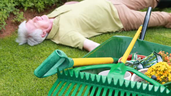 Senior man lying unconscious in garden alt