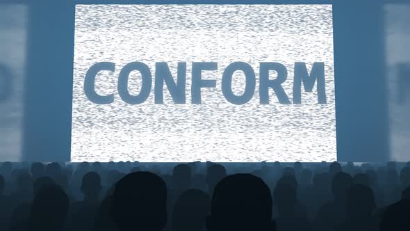 People in a dark foggy room looking  at the screen with propaganda words alt