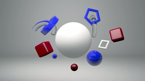 Different colored 3D shapes on a white background in motion