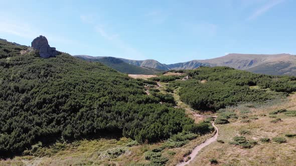 Aerial Panoramic View of Green Mountain Range and Hills in Valley of Carpathian alt