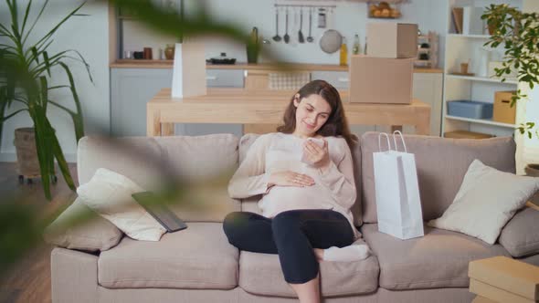 Happy Pregnant Woman Resting on the Sofa in the Living Room alt
