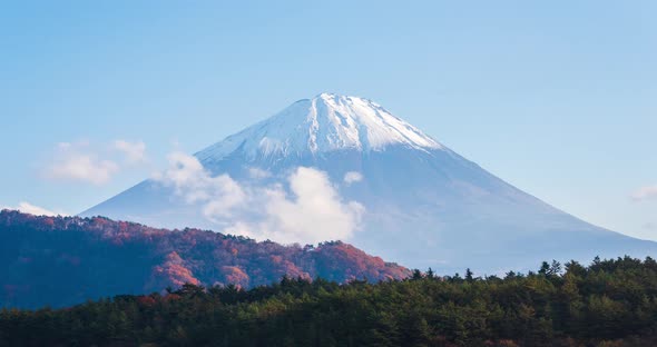 Beautiful time-lapse scenery of mountain Fuji in sunny day during autumn, zooming in