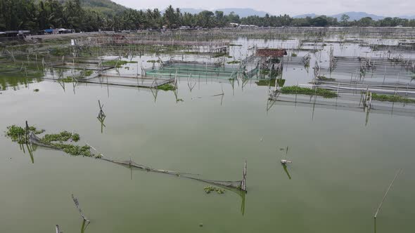 Aerial view of traditional floating fish pond on swamp in Indonesia alt