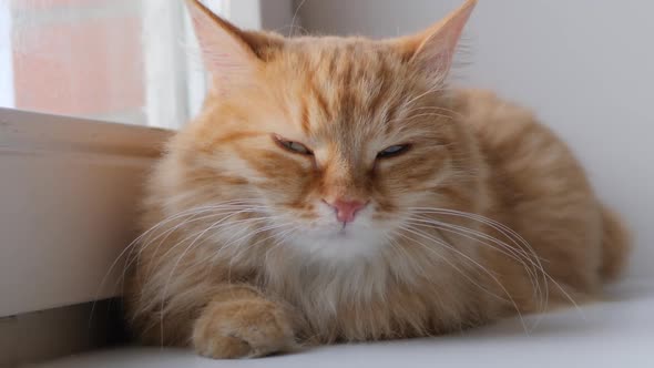 Cute Ginger Cat Lying on Window Sill. Fluffy Pet Sits at Home in Quarantine Without Walking Outside alt