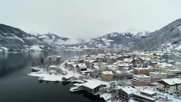 Aerial View Of Mountain Town In Austria Winter Time