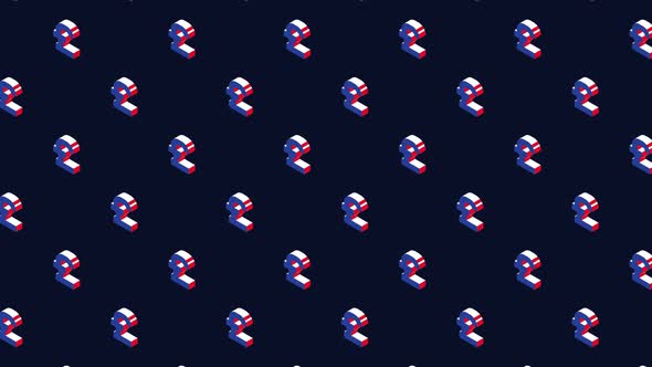 Isometric symbols of British Pound in animated pattern on a dark background. Seamless loop animation alt