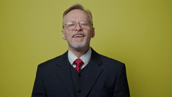 Portrait of smiling businessman on yellow background. Mature man in costume alt