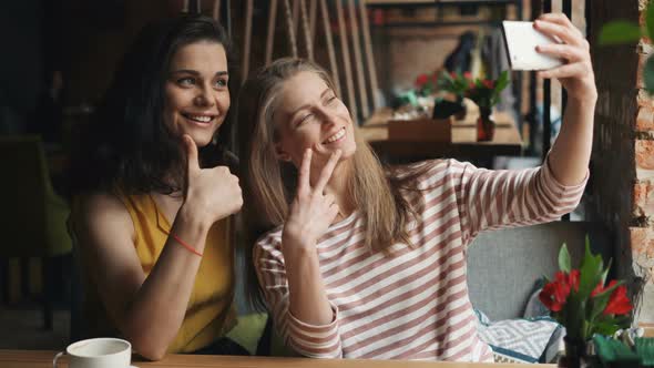 Happy Young Women Taking Selfie in Cafe Showing Thumbs-up and OK Gesture alt