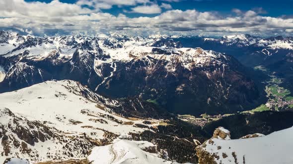 View of the valley from the top of Sass Pordoi peak, Dolomites, 4k timelapse alt