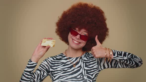 Happy Woman Show Plastic Credit Bank Card Advertising Transferring Money Cashless Online Shopping alt