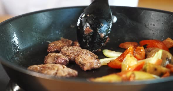 Meat and Vegetables Cooking Frying in Pan