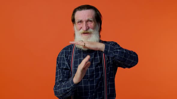 Tired Serious Upset Mature Old Bearded Grandfather Showing Time Out Gesture Limit or Stop Sign alt