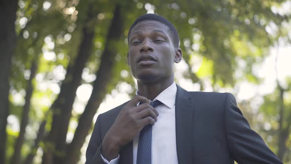Close-up of Young Handsome African American Man Adjusting Necktie in Summer Park and Leaving alt