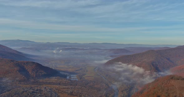 Morning View to Misty Over Autumn Forest Mountains alt