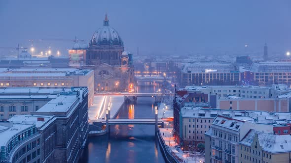 Cloudy Snowy Night to Day Time Lapse of Berlin with Berlin Cathedral Berlin, Germany alt