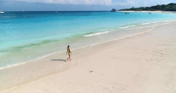 Aerial view of walking beautiful young woman on the tropical sea coast with waves