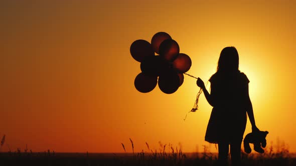 A Child with Balloons and a Teddy Bear in His Hand is Standing at Sunset alt