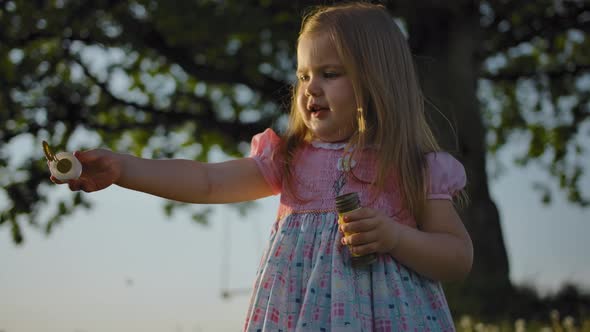 A Little Girl in a Dress Invites Her Little Sister To Blow Soap Bubbles. alt