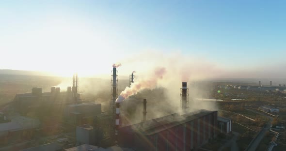 Top View of Heavy Industrial Plant, Smoking Chimneys Panorama of Steel Factory alt