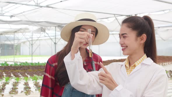 woman check chemical inspection soil PH tester in organic farm and show result to the owner. alt