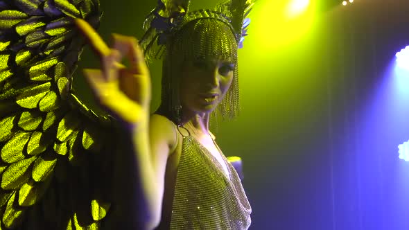 Silhouette of Gorgeous Woman in the Image of the Greek Goddess Artemis Sings and Dances on Stage alt