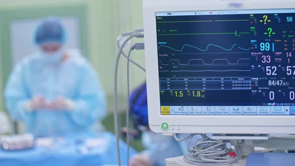 Surgical Anesthesia Machine in Operating Room Shows Indicators of Life and Pulse
