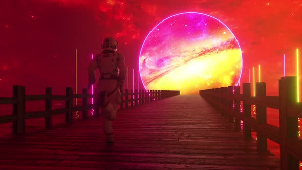 Astranaut Runs Along the Endless Wooden Bridge Across the Ocean to His Dream alt
