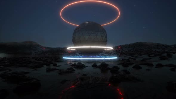 3d Neon Futurist Object on Rain Planet Modern Technology Sci Fi alt