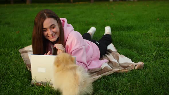 A Small Dog Interferes with a Girl in the Park with a Laptop to Study or Work alt